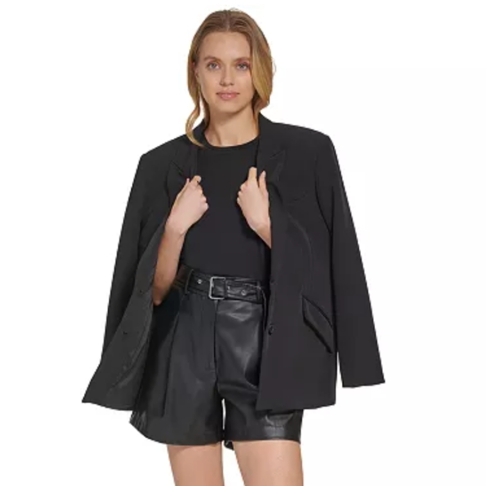DKNY black women's peak lapel two button long sleeve blazer